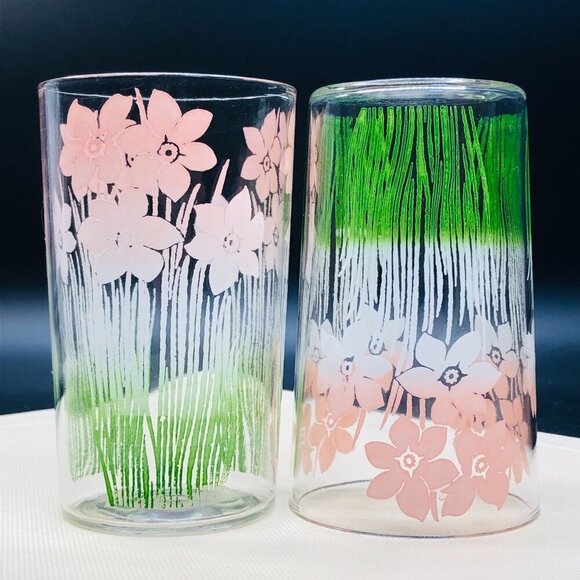 Mid Century Pastel Pink to Green Ombre Daffodils SET of 6 Water Juice Glass - Picture 6 of 9